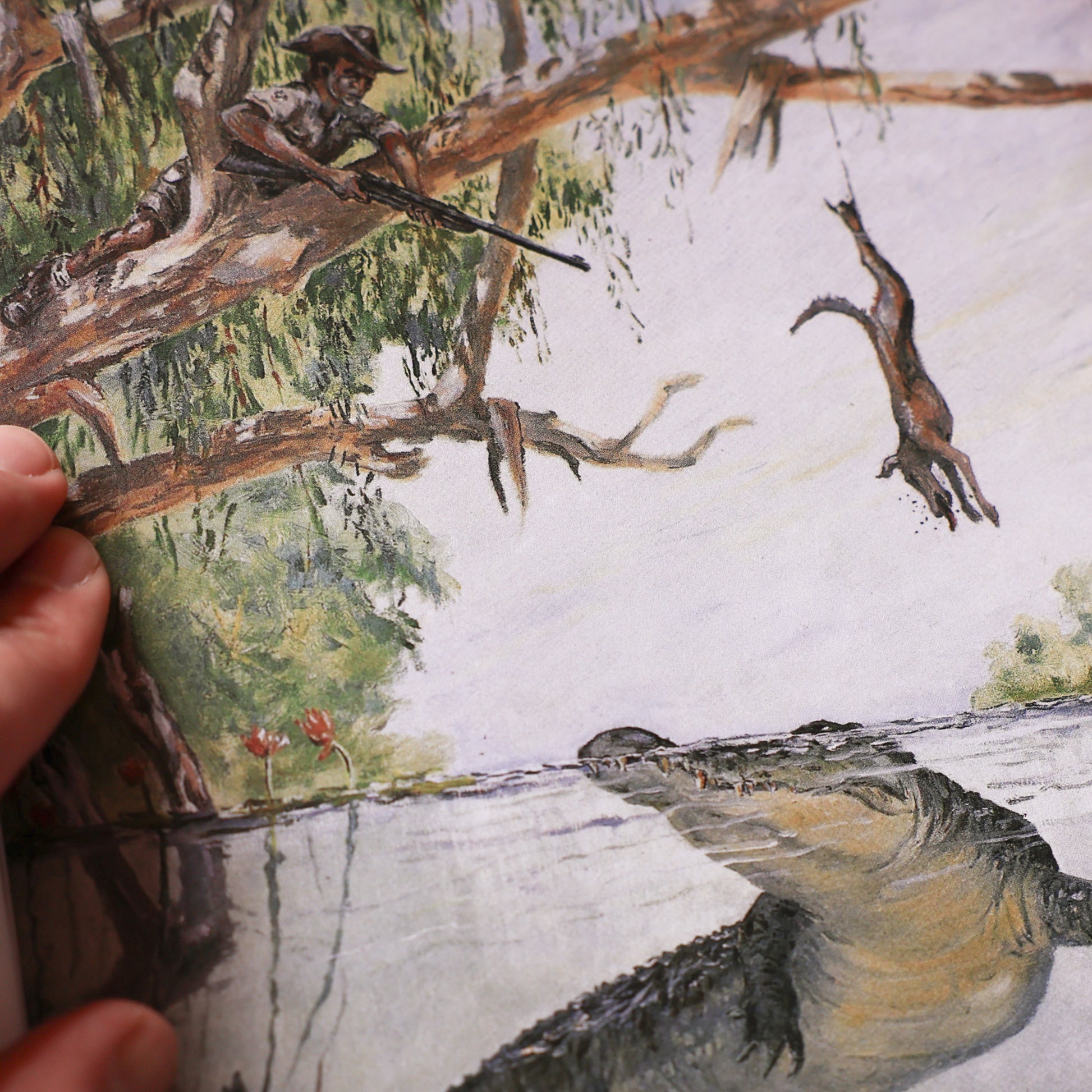 sweetheart the crocodile preying on a dingo with ranger in a tree ready to shoot